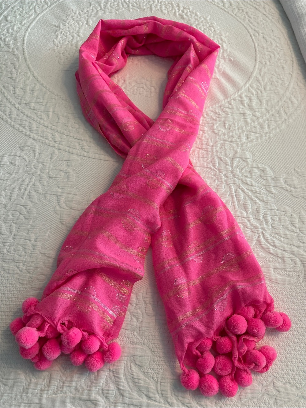Pink J Crew scarf w small gold/silver metallic thread pattern &
playful Pom Poms